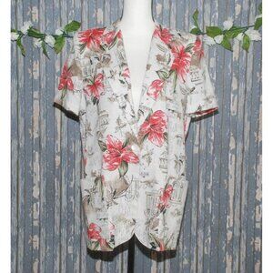 Tofy Tan Hawaiian Floral Jacket Size 8 Flax Blend Shoulder Pads Short Sleeves